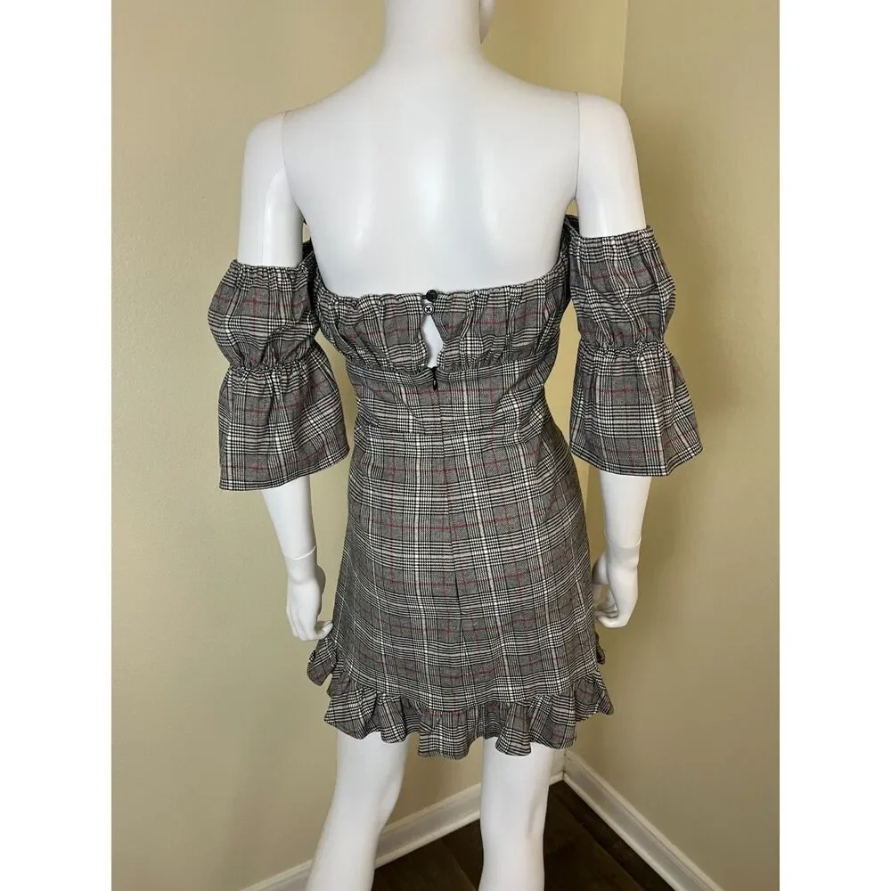 Tularosa Women Size L Angie Gray Plaid Ruffle Mini Dress Preppy Academia Party